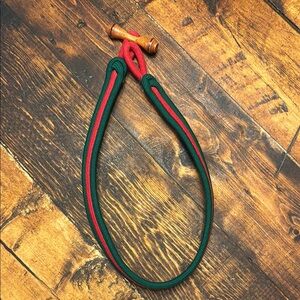 Vintage Red and Green Stretchy Rope Belt with Wooden Accent